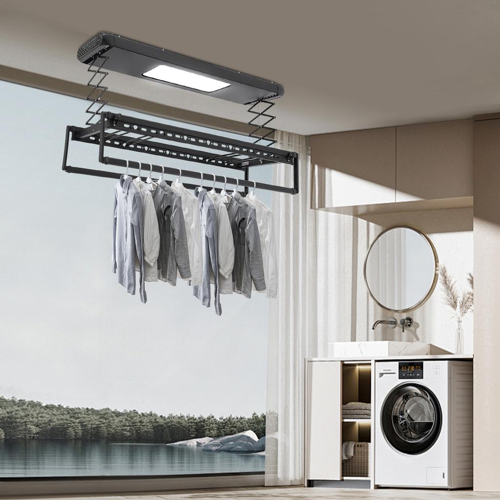 Electric Retractable Clothes Airer with 8 Rods & LED Light, Remote Control, 35kg/77 lbs Load Capacity for Home Use, 110V (Black)