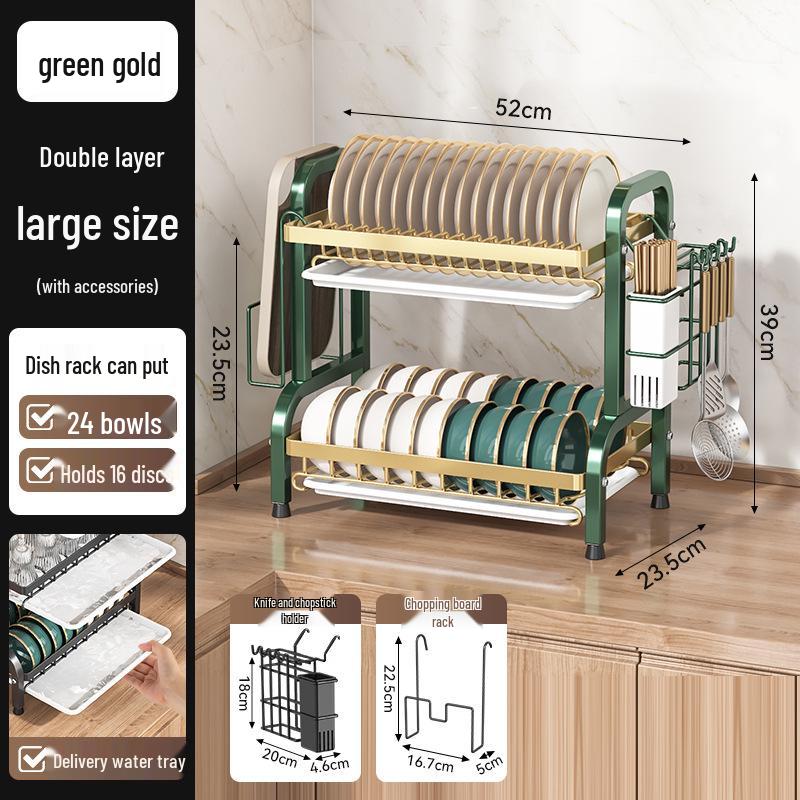 Égouttoir de cuisine multicouche pour bols, assiettes, couteaux et baguettes avec fonctionnalité d'égouttage sur le plan de travail