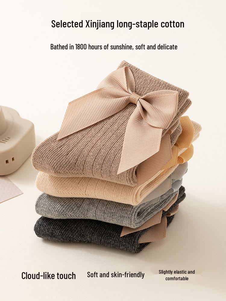 Korean Style Combed Cotton Baby Socks, Spring & Autumn, Bow Knot Design, Loose Cuff, Mid-Calf Length