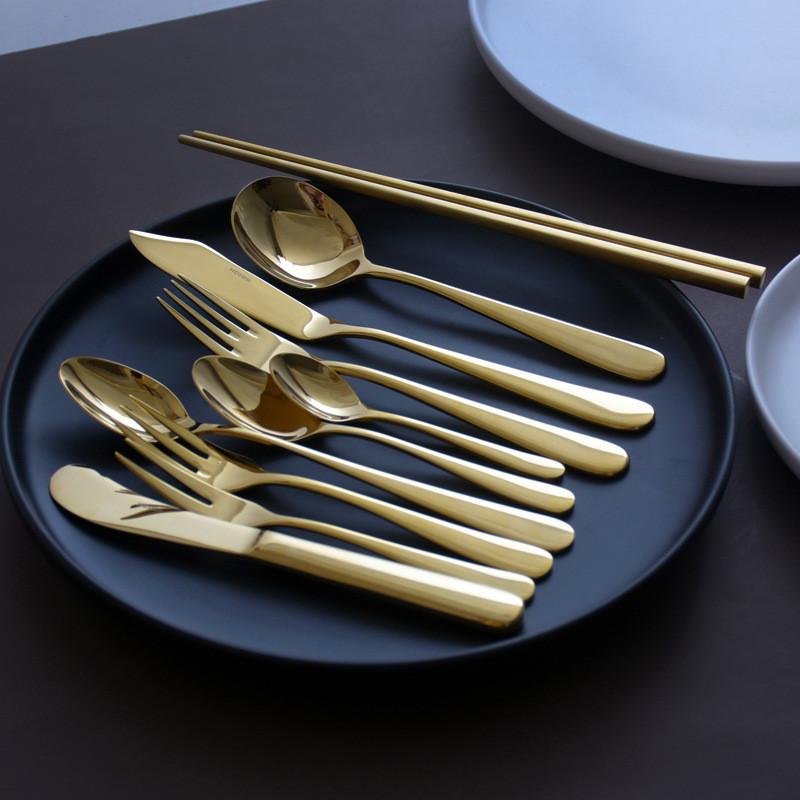 Gold Luxurious Stainless Steel Tableware, Knife, Fork, Spoon, Steak, Fish Dinner, Dessert, Salad, Coffee, Dinning Room