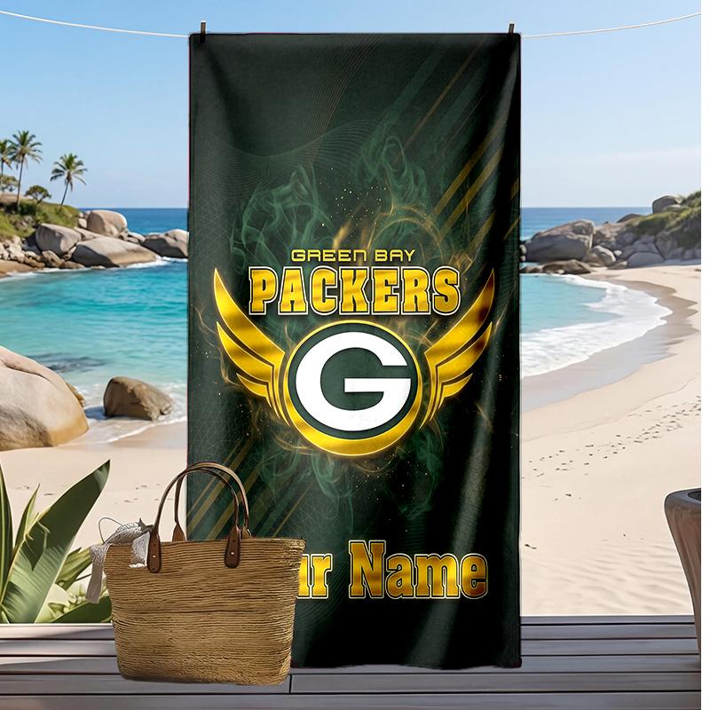 Green Bay Packers Custom Beach Towel, Print Your Name Text Lightweight Absorbent Towel for Swimming Travel