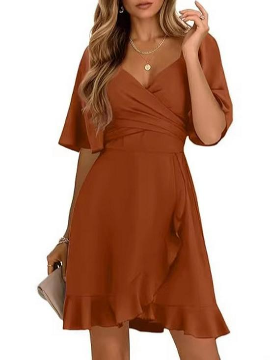 2026 V-Neck Solid Color Ruffle Summer Dress for Women - Stylish Waist-cinching European and American Fashion