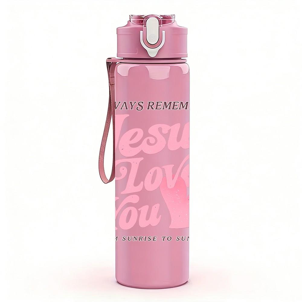 1PC Jesus Loves You Pink Text Art Print 750ml Color Plastic Sports Water Bottle Leakproof Flip Straw Lid Suitable for Sports Office Home Use