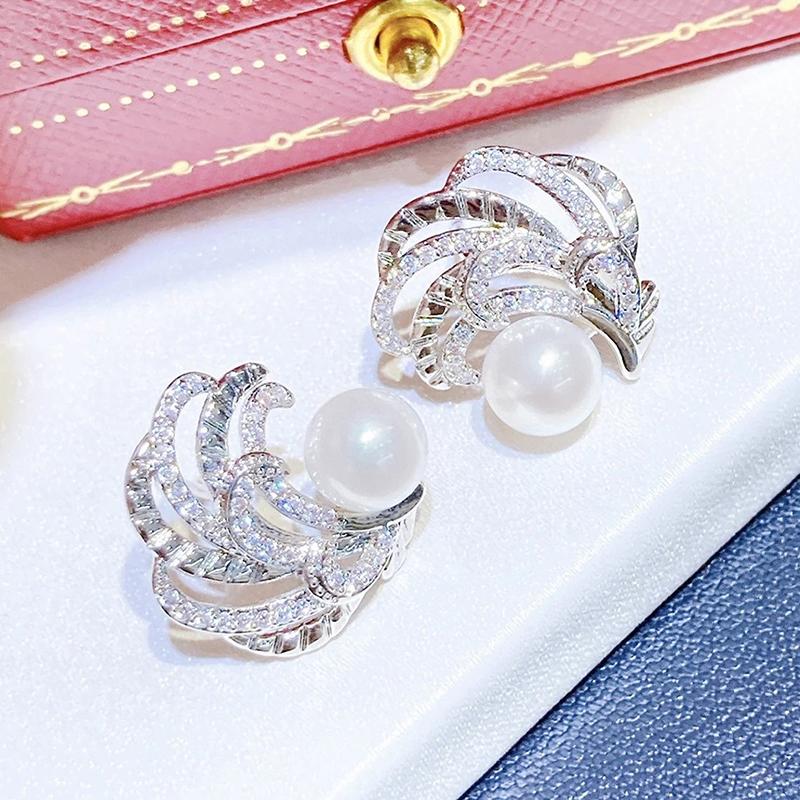 Graceful Shiny Zirconia Ear Stud Lady Engagement Earrings Jewelry with Simulated Pearl Delicate Accessories for Wedding