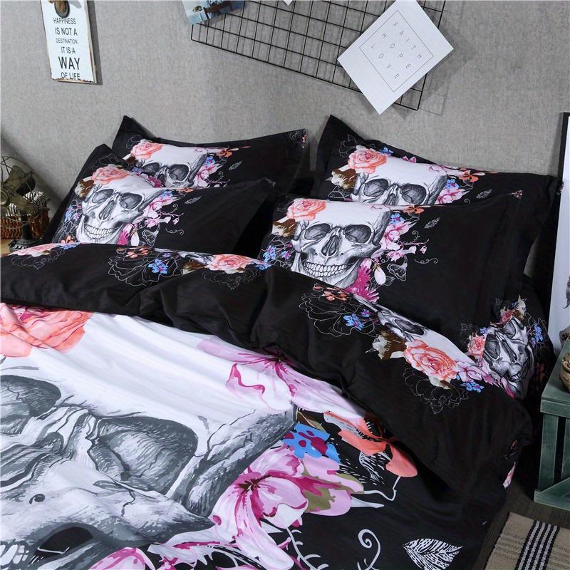3D Pattern Effect Skull Flower Skull Bride Bedding Set Duvet Cover with Pillowcase Bedding Three-Piece Bedroom Decor Set Small