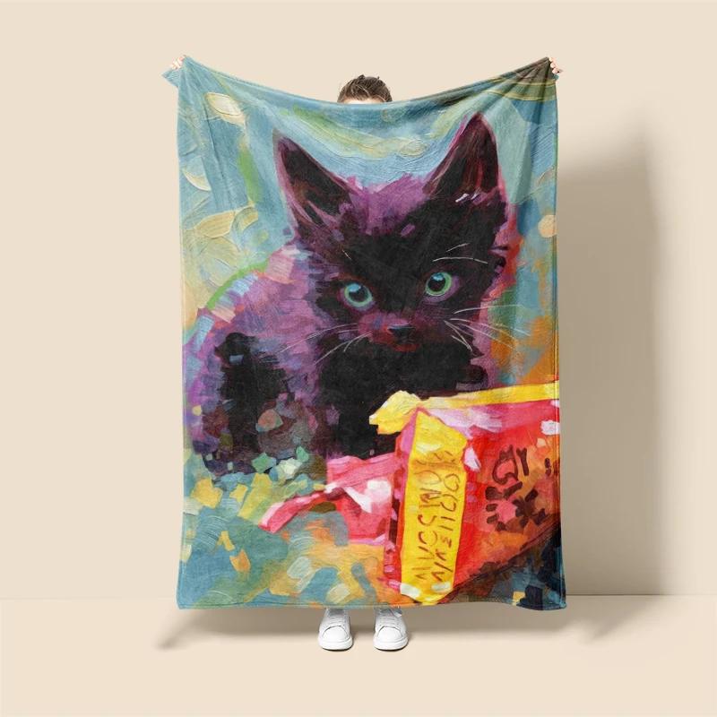 Home Decoration Plush Throw Sofa Blanket Anime Animals Bedspread On the Bed Fluffy Soft Blankets Decor Plaid Modern Cat Black