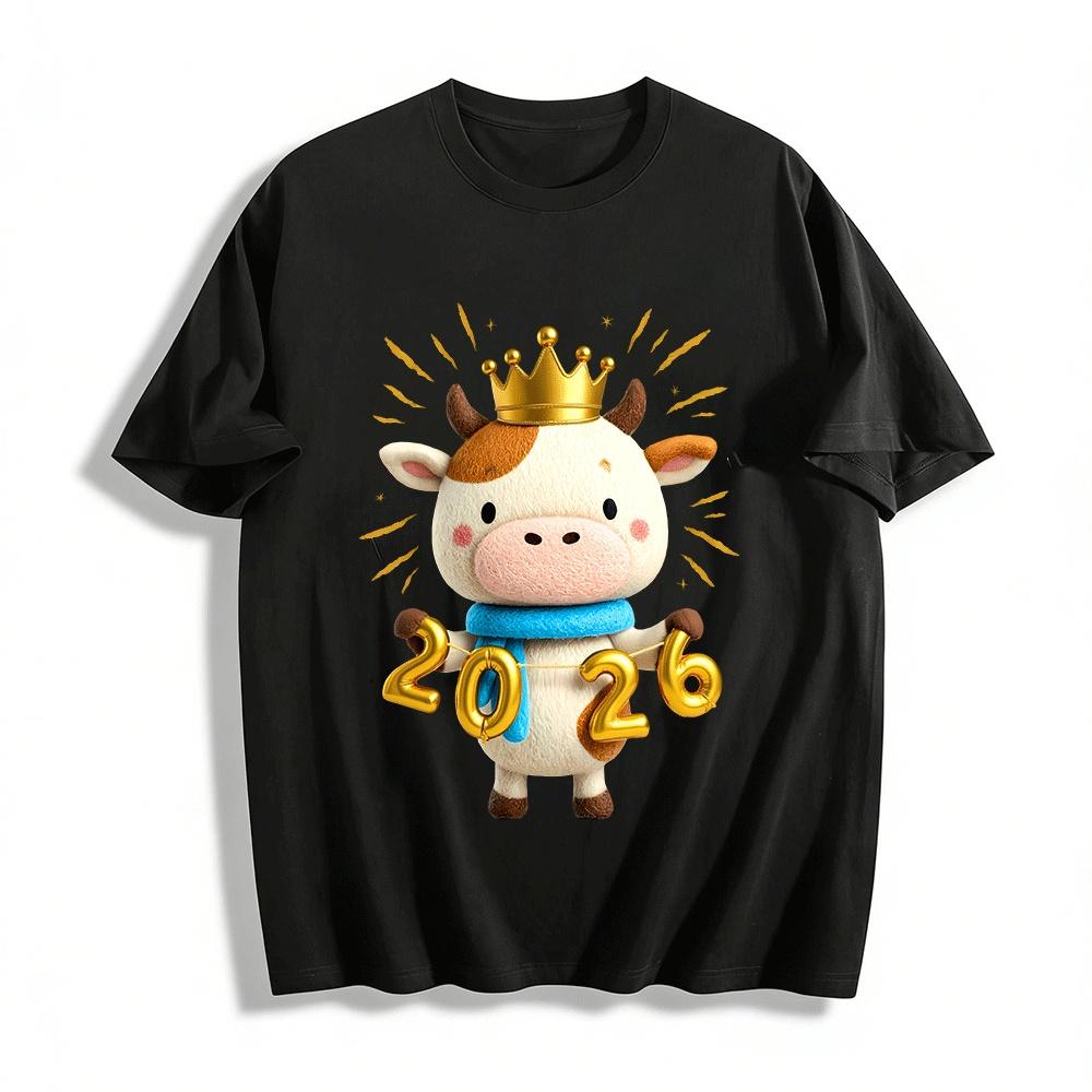 2026 Crown Cute Cow New Year Themed Casual Printed Top Pure cotton T-shirt XXS