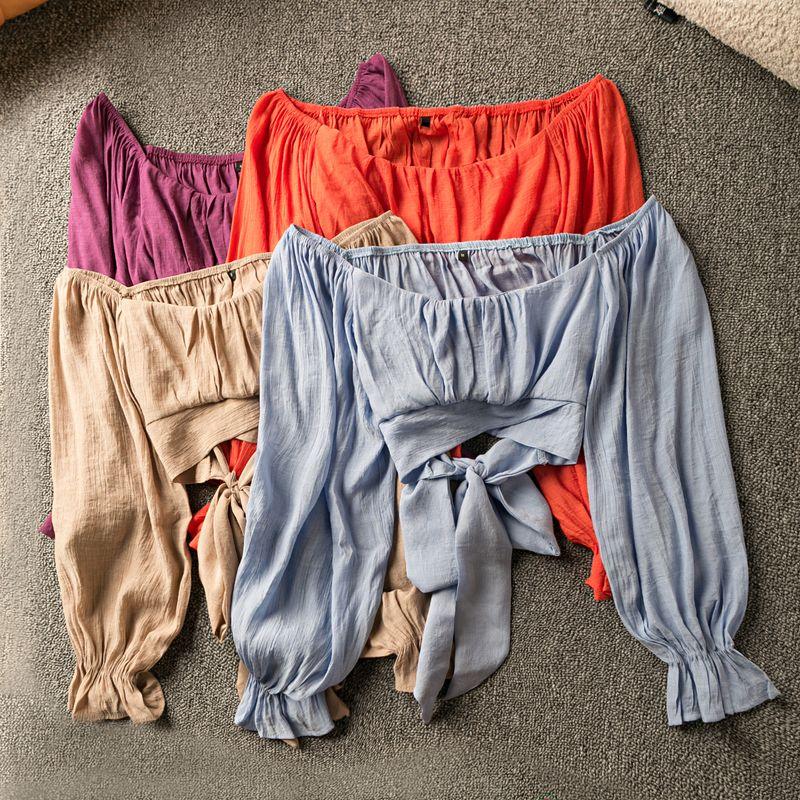 

Весна и Осень Экспортный K-стиль Новое поступление Повседневный Легче всего сочетать Нижний край с кружевом Короткий с открытыми плечами С длинным рукавом Пуловер Топ Purple M