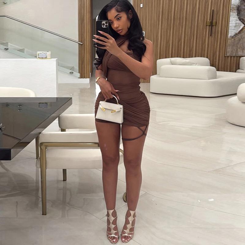 New European and American style summer solid mesh patchwork personalized street high-waisted slim-fit hip-hugging dress