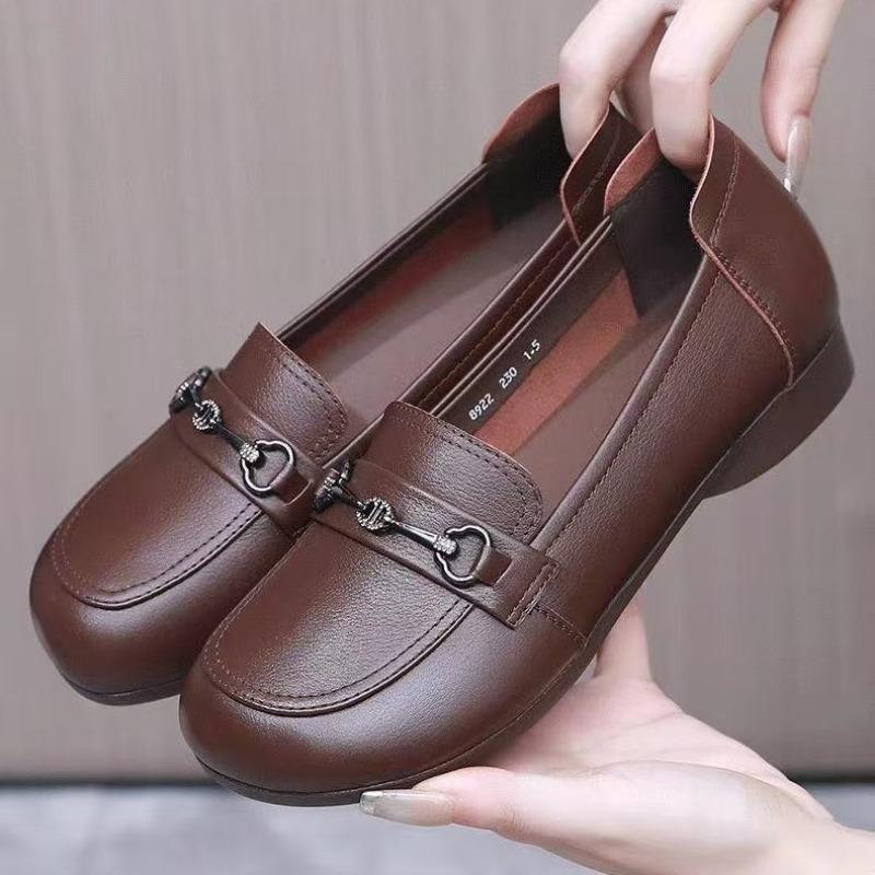 Casual Women's Autumn New Round Head Mid-mouth Comfortable Trendy with One-pedal Women's Small Leather Shoes