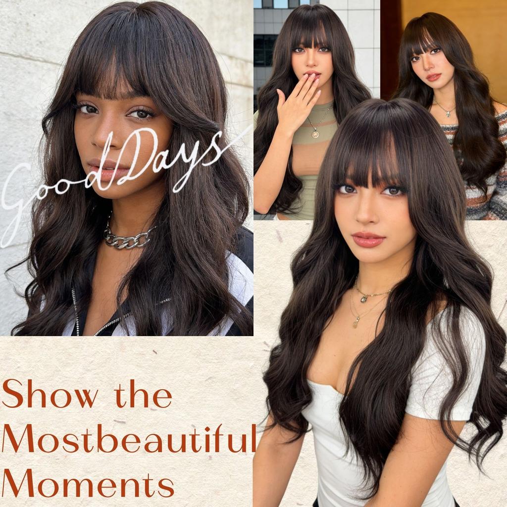 Women Stylish Long Wave Hair with Bangs Synthetic Black Brown Wigs for Daily Cosplay Use Heat Resistant Fibre