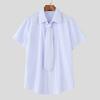 INCERUN Men Tie Up Lapel Neck Short Sleeve Striped Casual Loose Oversized Shirts