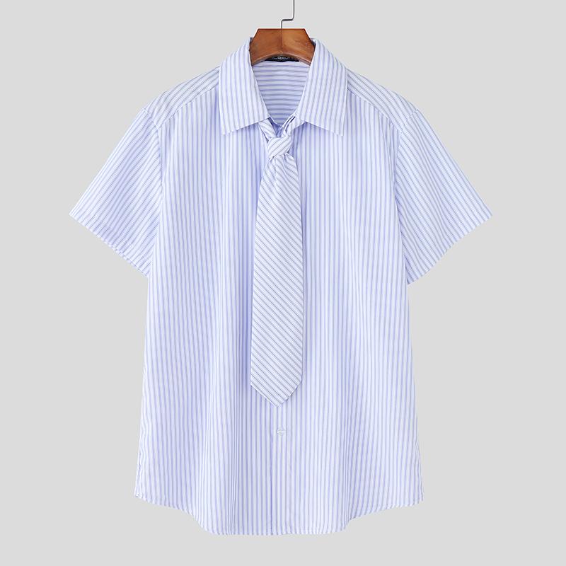 INCERUN Men Tie Up Lapel Neck Short Sleeve Striped Casual Loose Oversized Shirts