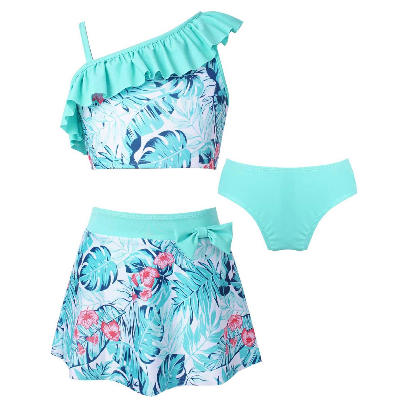 

Kids Girls 3 Piece Asymmetric Swim Set Ruffle Trim Floral Print Crop Tops Skirt Briefs Beach Pool Bathing Suit 5-6 Years м ята зелений колір