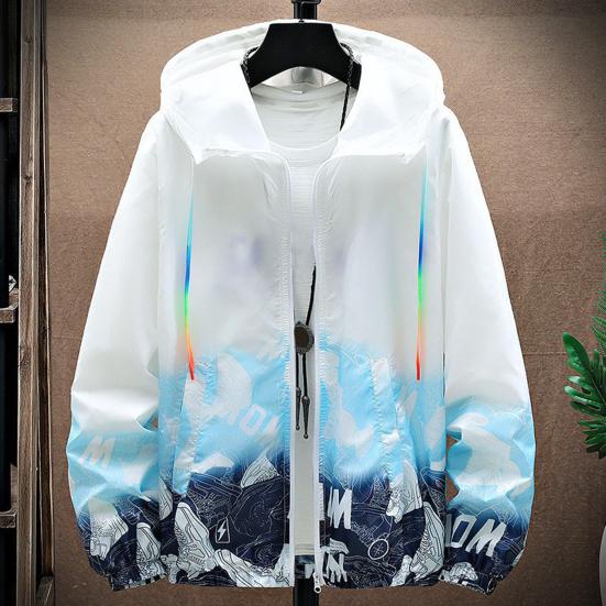 Men Sun Protection Clothing Hooded Long Sleeve Pockets Sunscreen Jacket Zipper Placket Shoes Print Quick Drying Windbreaker