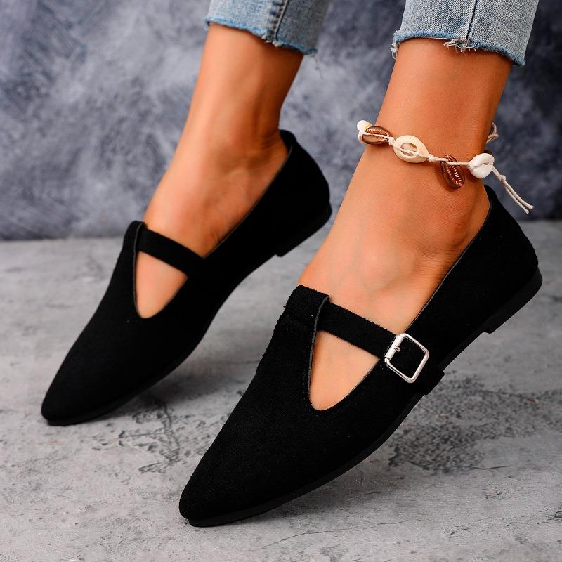 Fashion Flat Single Shoes Autumn New Pointed Cow Suede One Strap Soft Sole Anti-slip Wear-resistant Low Top Shoes