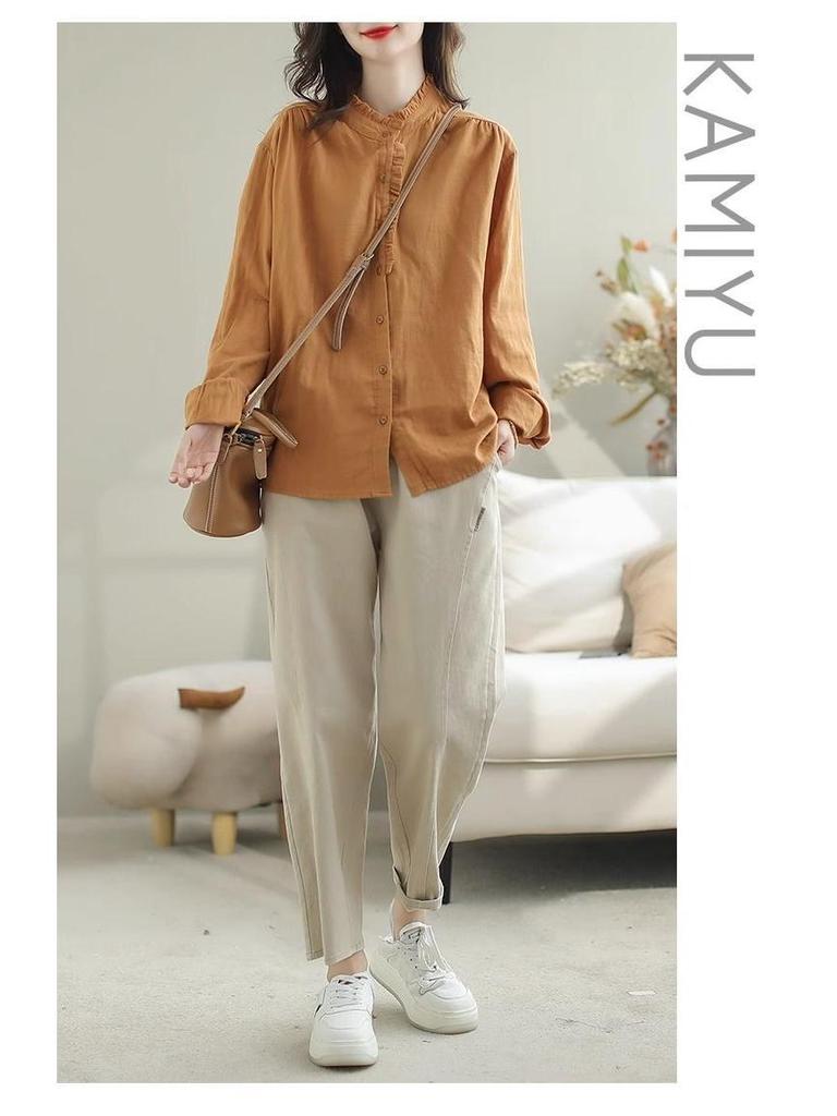 Women's Retro Cotton Linen Slimming Long Sleeve Shirt - Solid Color, Loose Fit for Spring & Autumn.