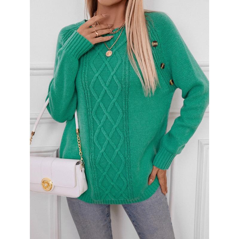 Women's Fall/Winter Knitwear Solid Button Loose Pullover Cable Knit Sweater