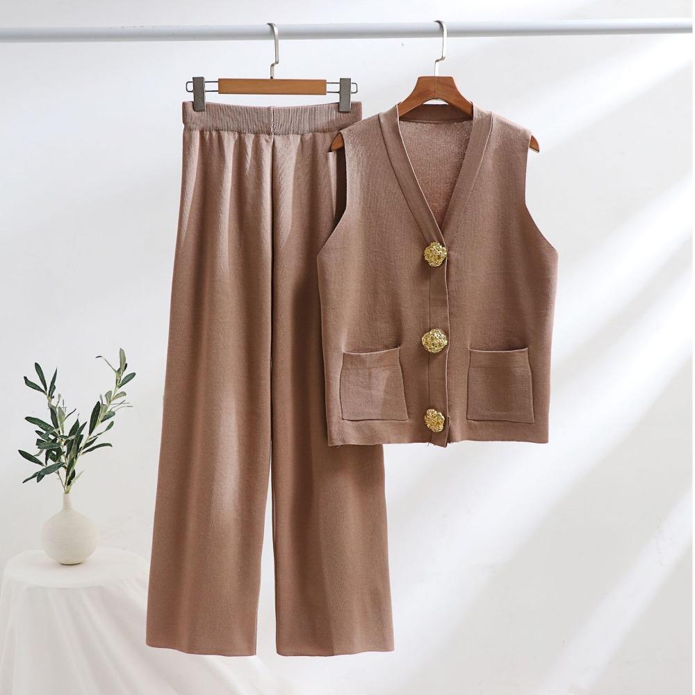 Gold Button V-neck Knitted Vest Casual Loose Trousers Knitted Two-piece Women's Suit