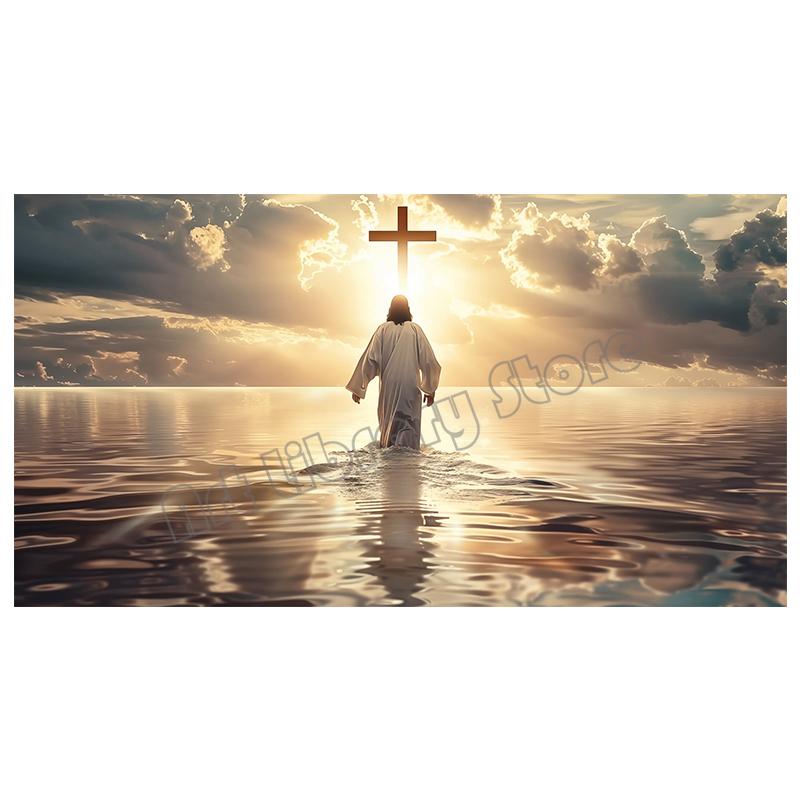 Watercolor Jesus Christ Walking On Water Religious Seascape Poster Canvas Painting Wall Art Pictures Home Room Decor Gift