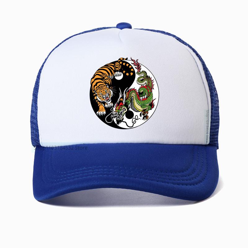 Chinese Dragon And Tiger Tattoo Print Mesh Baseball Cap Summer Adjustable Breathable Trucker Hat Fashion Casual Sun Hats
