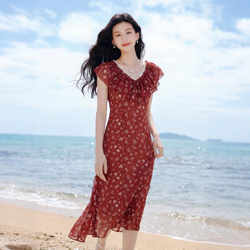 

Elegant Floral Chiffon V-Neck Dress L