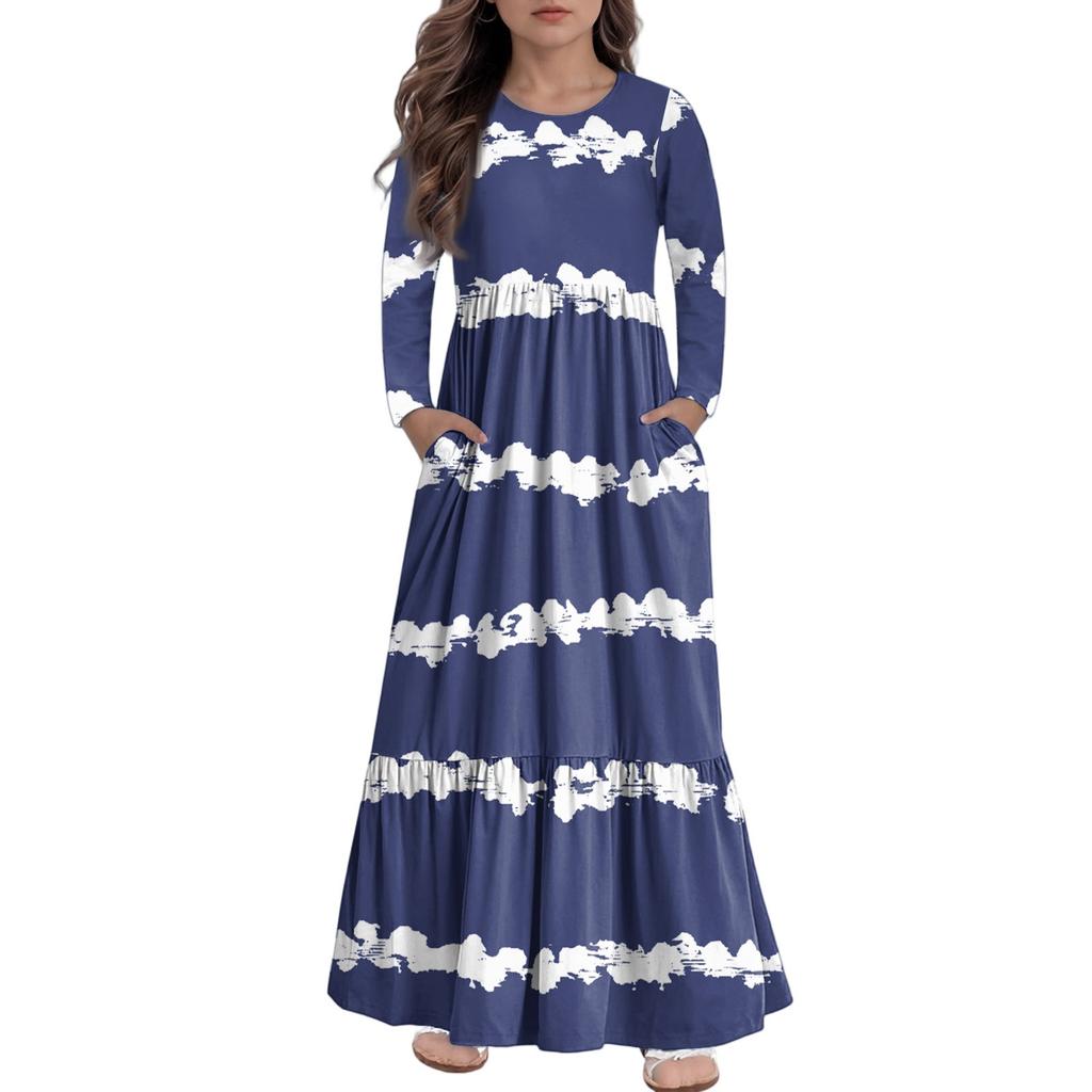Maxikleid für Mädchen, lässige Urlaubskleider - Langarmkleid mit Taschen für 4-14J