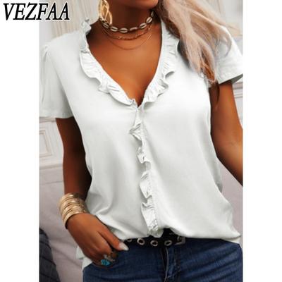 Damenmode, lässig, Sommer, Frühling, einfarbig, bedruckt, kurzärmelig, V-Ausschnitt, Blusen und Hemden