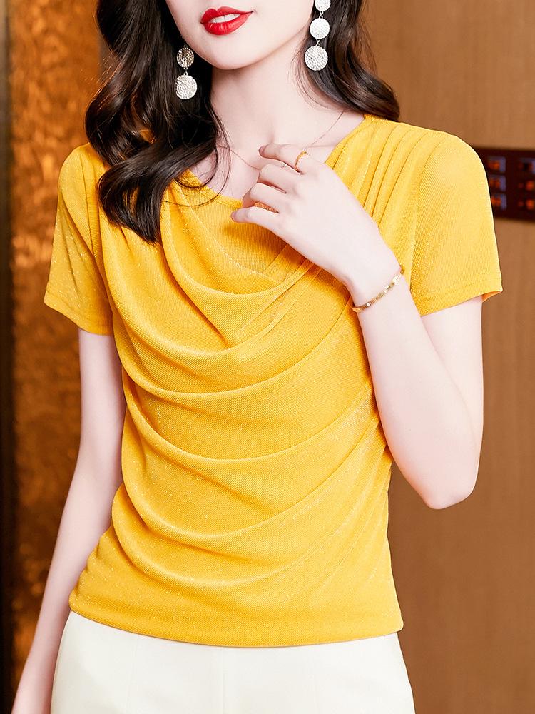 Women Draped Cowl Neck Mesh Spliced Long Sleeve Top Elegant Commute Solid Color Sheer Mesh Undershirt Spring Autumn Basic Blouse