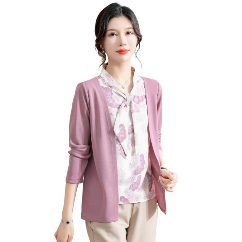 Fashion Medium and Old Women's Clothing Temperament Long-sleeved Bottoming Shirt Female Mother Spring and Autumn Clothing New Fake Two-piece Top