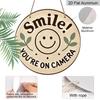 2D Flat, 1pc Round Aluminum Hanging Sign, "Smile You're On Camera" Cute Smiley Face & Leaf Design, Retro Warm Security Warning Metal Sign, Perfect