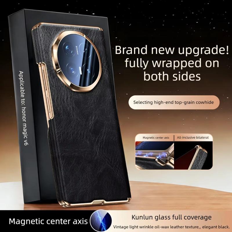 [[Dual-axis Protection] for Honor Magic V6 Case Luxurious Genuine Leather for Magsafe Wireless Charging Premium Back Phone Case