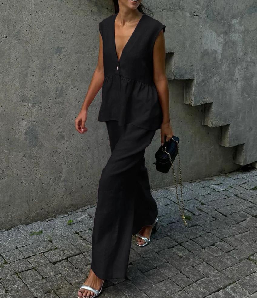 

2025 Women s Cotton V-Neck Sleeveless Top & Long Pants Set - European & American Style, Solid Color, Commuting Temperament Two-Piece Small чорний