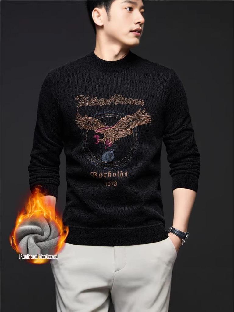 Men's Cross-border Casual Printed Long Sleeve Sweater - Warm, Simple, Versatile, Round Neck.
