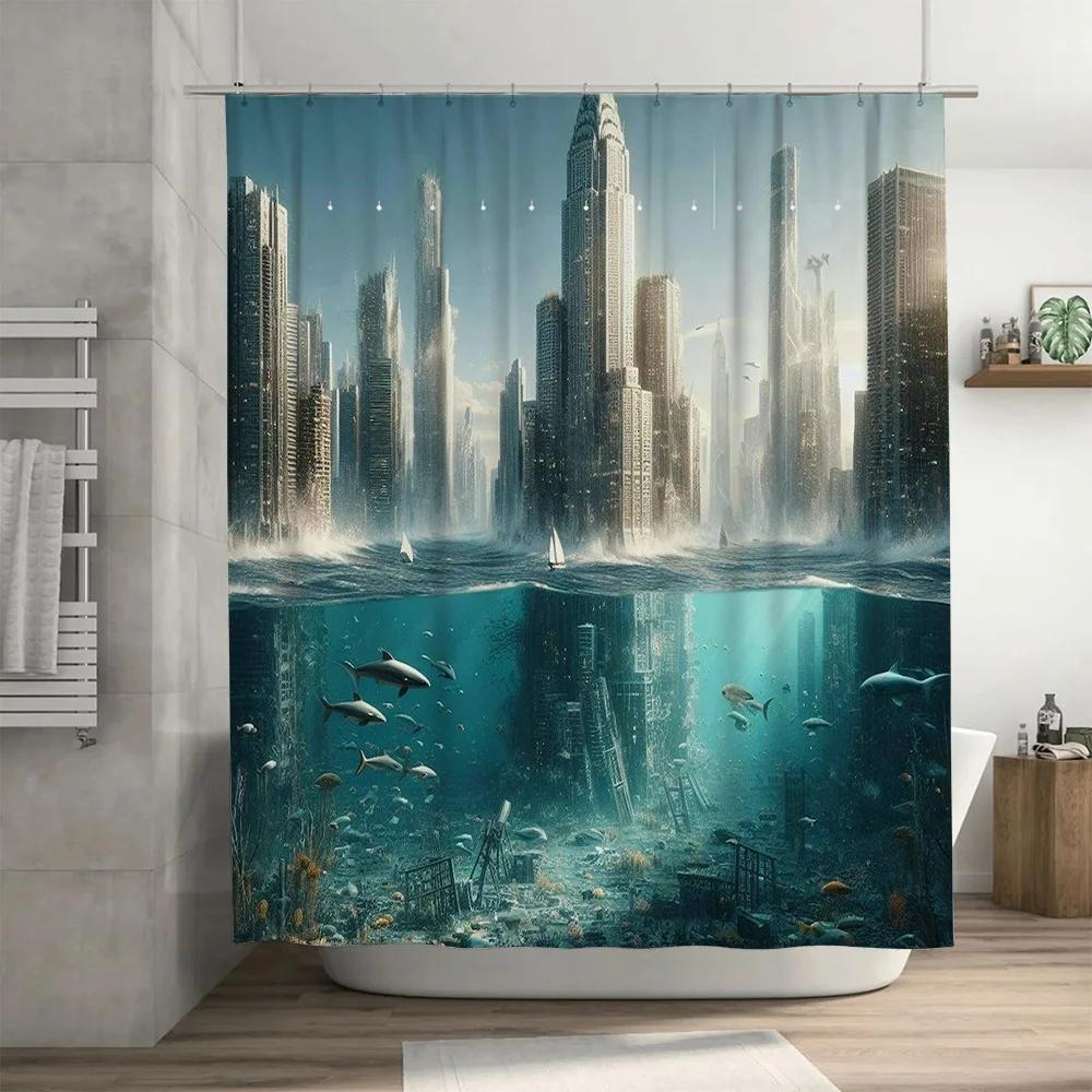 Cortina de Ducha 3D Paisaje Urbano Peces Marinos para Decoración de Baño Estilo Moderno Impresión Tejido Impermeable Alfombrilla de Baño Tiras con Anillas