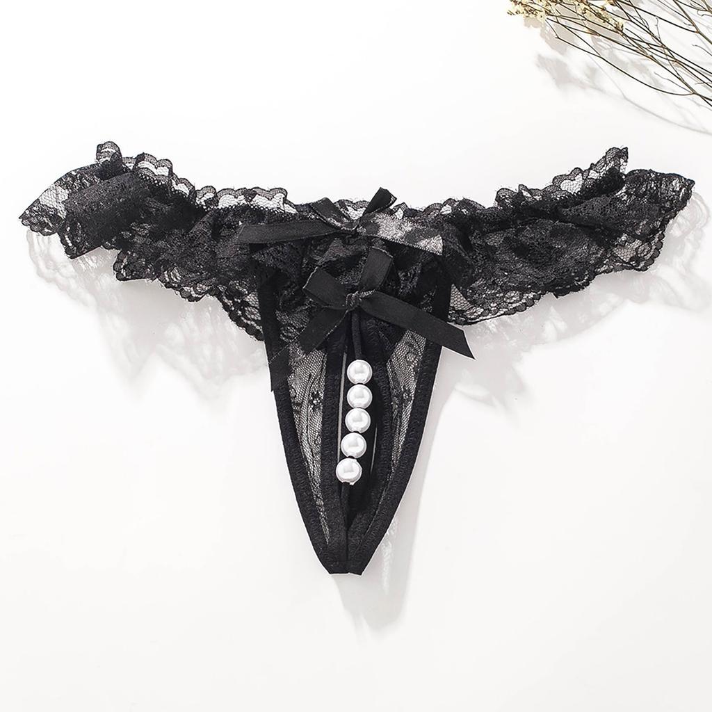 Women Lace Open Crotch Thong Hollow Out Sexy Pearl Massage Transparent Lace Panties Low Waist Sexy Lingerie T-Back Porn G-String