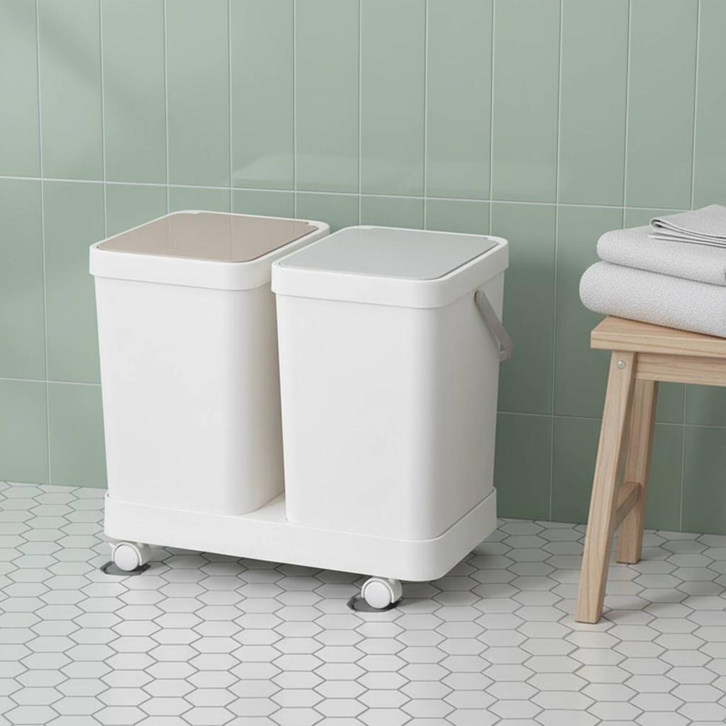 3-Compartment Trash Can Easy to Move Wheeled Sorting Bin 3 Compartment Trash Can Handle Design Kitchen Waste Sorter Space Saving