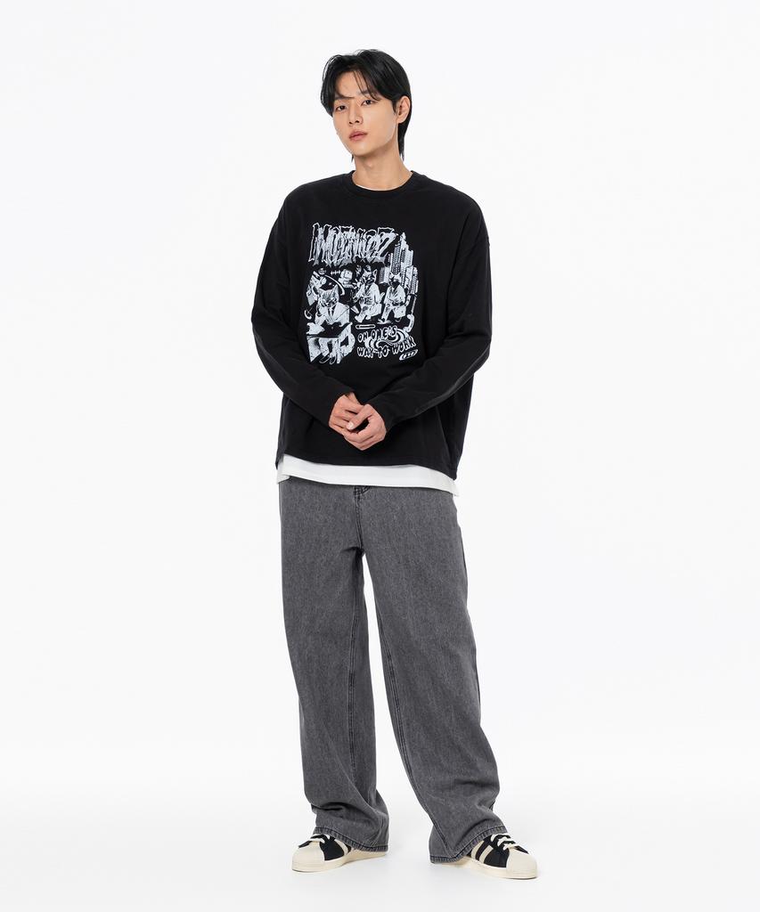 MOZMOZ Commuting Cat Graphic Pigment Long Sleeve Black