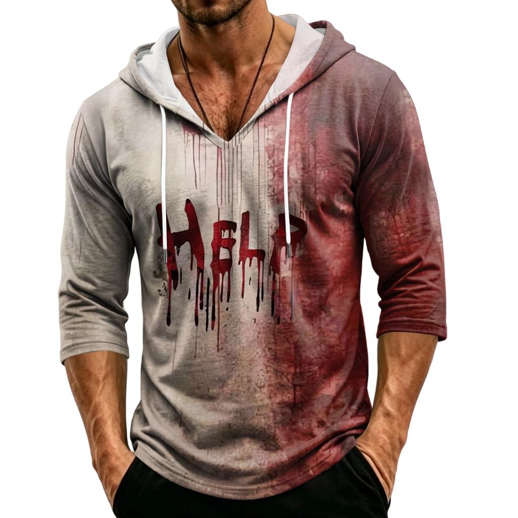 Men's Loose Fit Casual Hooded Shirt Three Quarter Sleeve Halloween Graphic Print Pullover Top Lightweight Breathable