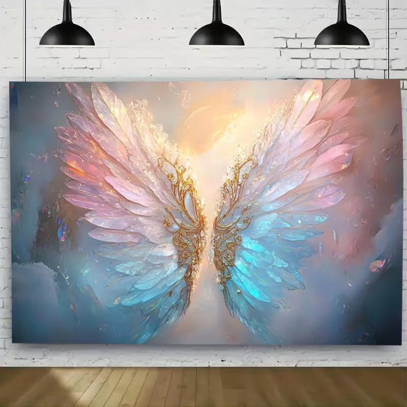 2D Magical Pastel Angel Wings Wall Tapestry, Sparkling Fantasy Feather Scene Backdrop for Living Room
