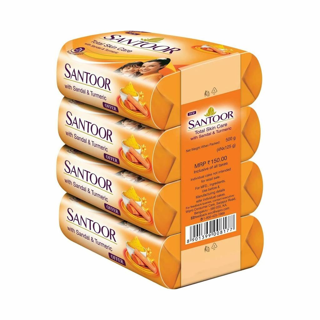 Santoor Sandalwood and Turmeric Bath Soap for Younger Looking and Glowing 125gx4