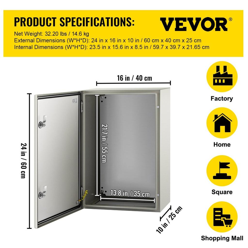 NEMA Steel Enclosure, 24 x 16 x 10\'\' NEMA 4X Steel Electrical Box, IP66 Waterproof & Dustproof, Outdoor/Indoor Electrical Junction Box, with
