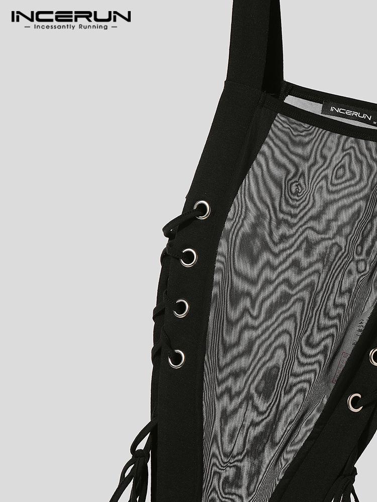 INCERUN Herre Firkantet Krage Ermeløs Mesh Gjennomsiktig Bandasje Slim Jumpsuits Bodysuits