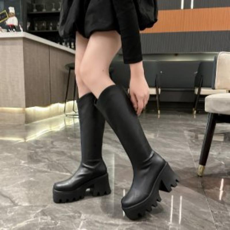 Autumn British Muffin Bottom Round Head Thick Heel Boots Women's Rear Zipper Thick Sole But Knee High Heel Fashion Boots