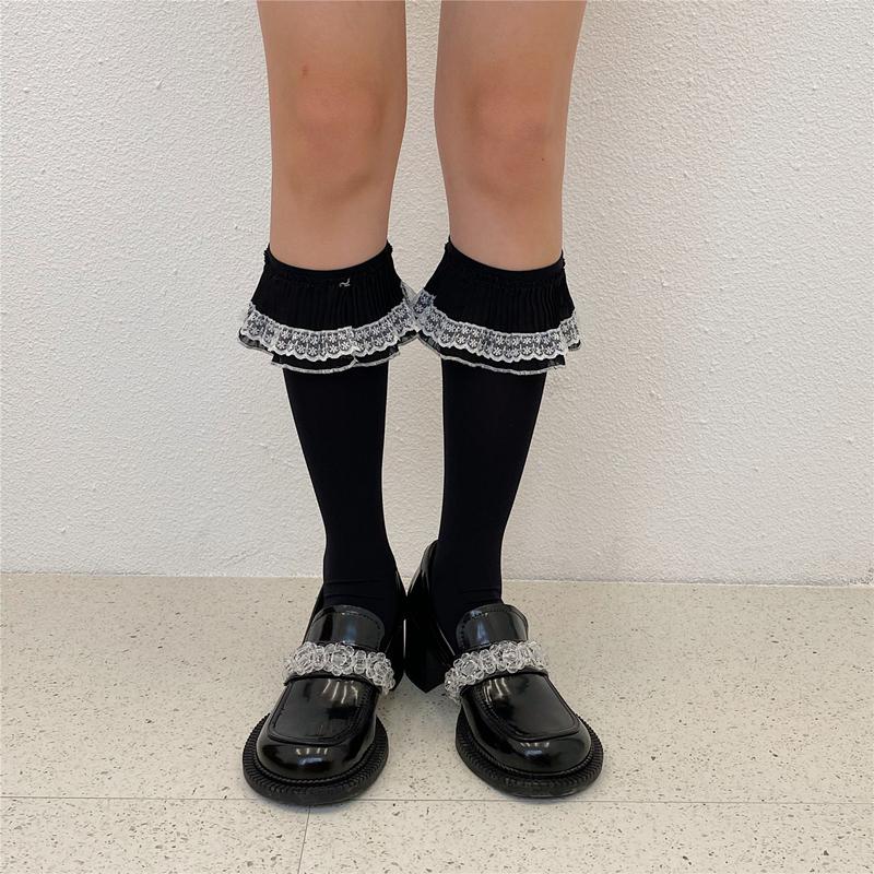 Summer Thin Long Socks Women Solid Color White Lace Ruffles JK Stockings Synthetic Fiber Korean Style Stretch Calf Socks