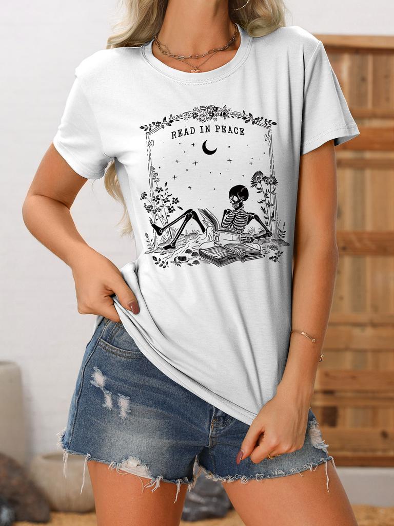 Summer new crewneck Womens casual Tshirt read in peace skull print loose shortsleeved fashion top with all the trend pullove