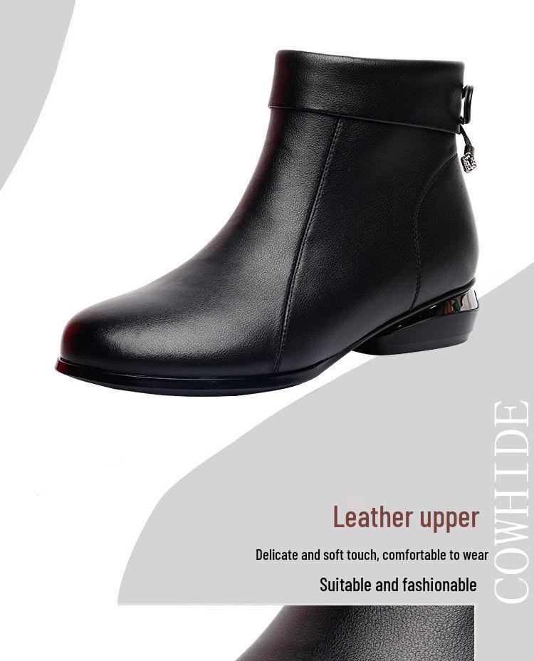 Women's Genuine Leather Ankle Boots - Low Heel, Round Toe, Warm Autumn/Winter Fashion for Moms