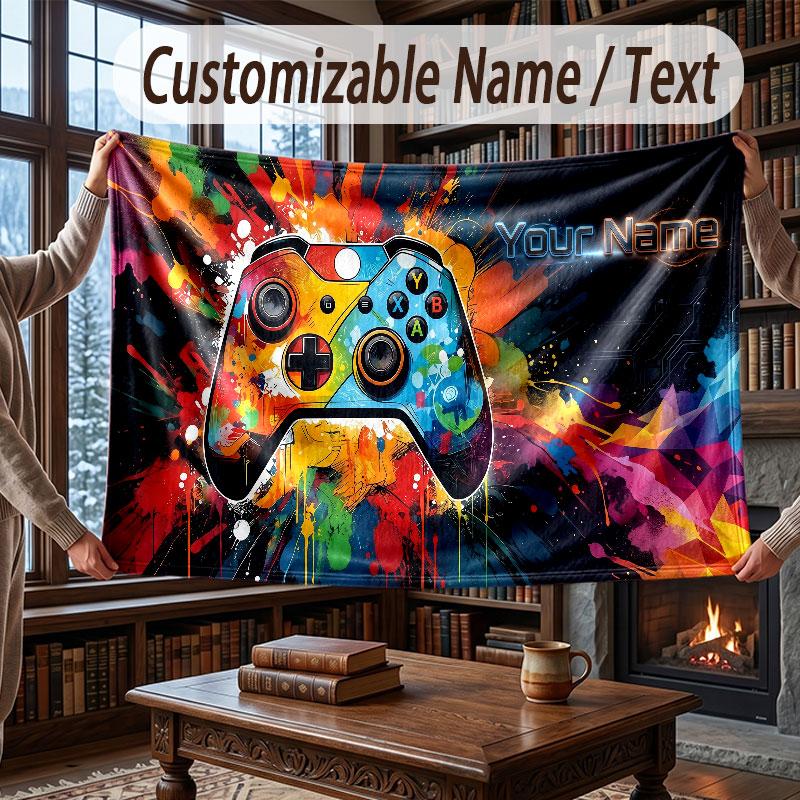Game Controller Theme Throw Blanket Custom Name Text Personalized Blanket Soft Cozy Blanket for Home Sofa Bed