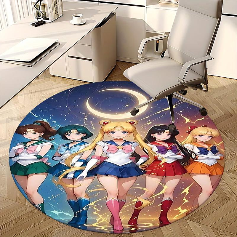1pc Sailor Moon Anime Cartoon Design Round Carpet  Office Chair Mat, NonSlip Rug for Home Decor, Living Room