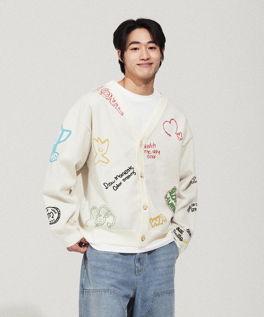 Wacky Willy V-Neck Pattern Cardigan Cream